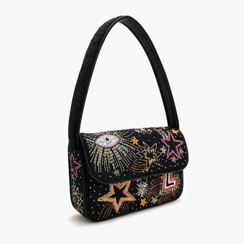 AMERICA AND BEYOND CELESTIAL SPARK BLACK BEADED SHOULDER BAG NWT